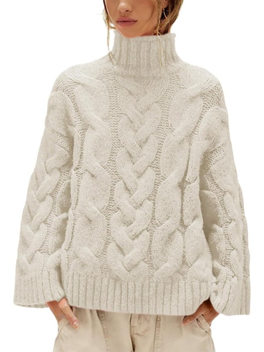 Cozy Oversized Chunky Cable Knit Turtleneck Sweater for Fall & Winter Style
